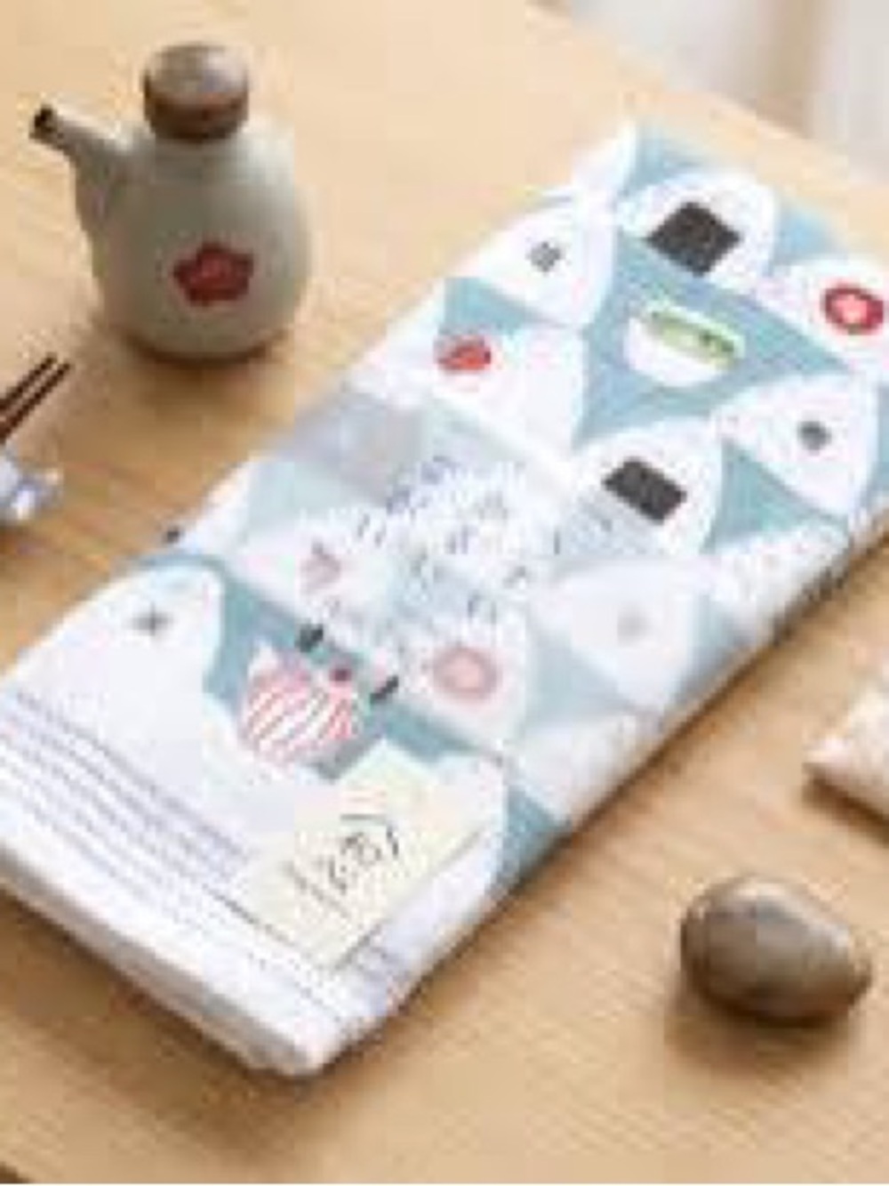 Kodomo Japanese Onigiri Tea Towel with white and blue triangular rice ball
